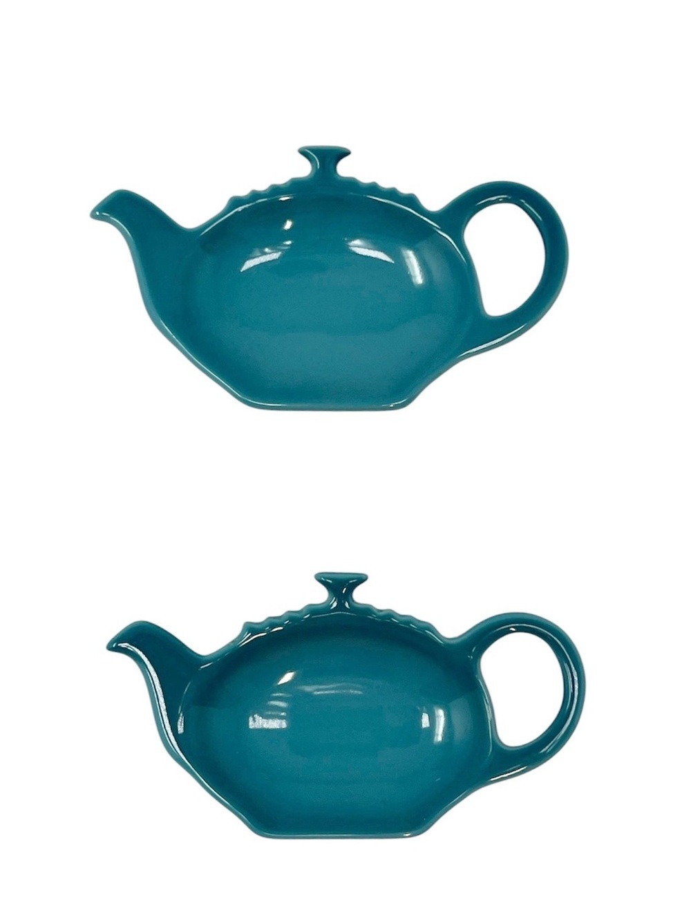 Le Creuset Set of 2 Teapot-Shaped Tea Bag Rest Holder Deep Teal Kettle Pot EUC
